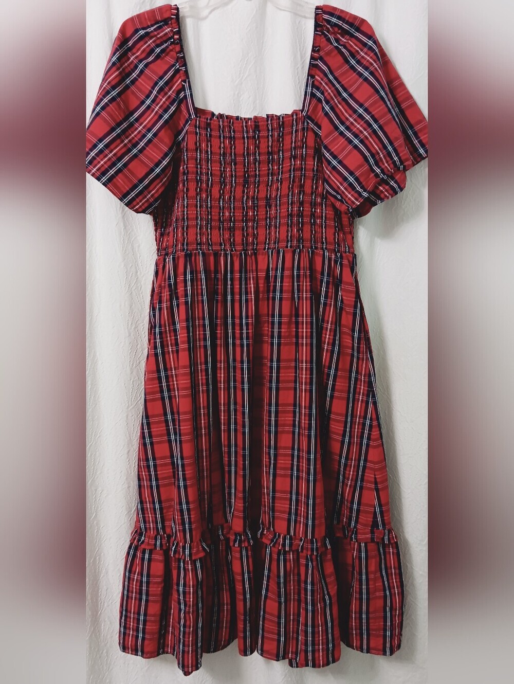 DRAPR JAMES Red Plaid Smocked Midi Dress  Size L - Picture 4 of 12